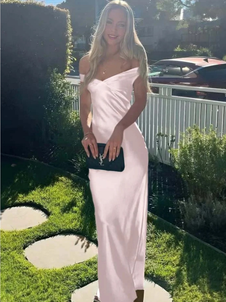 Off-Shoulder Pink Satin Maxi Dress